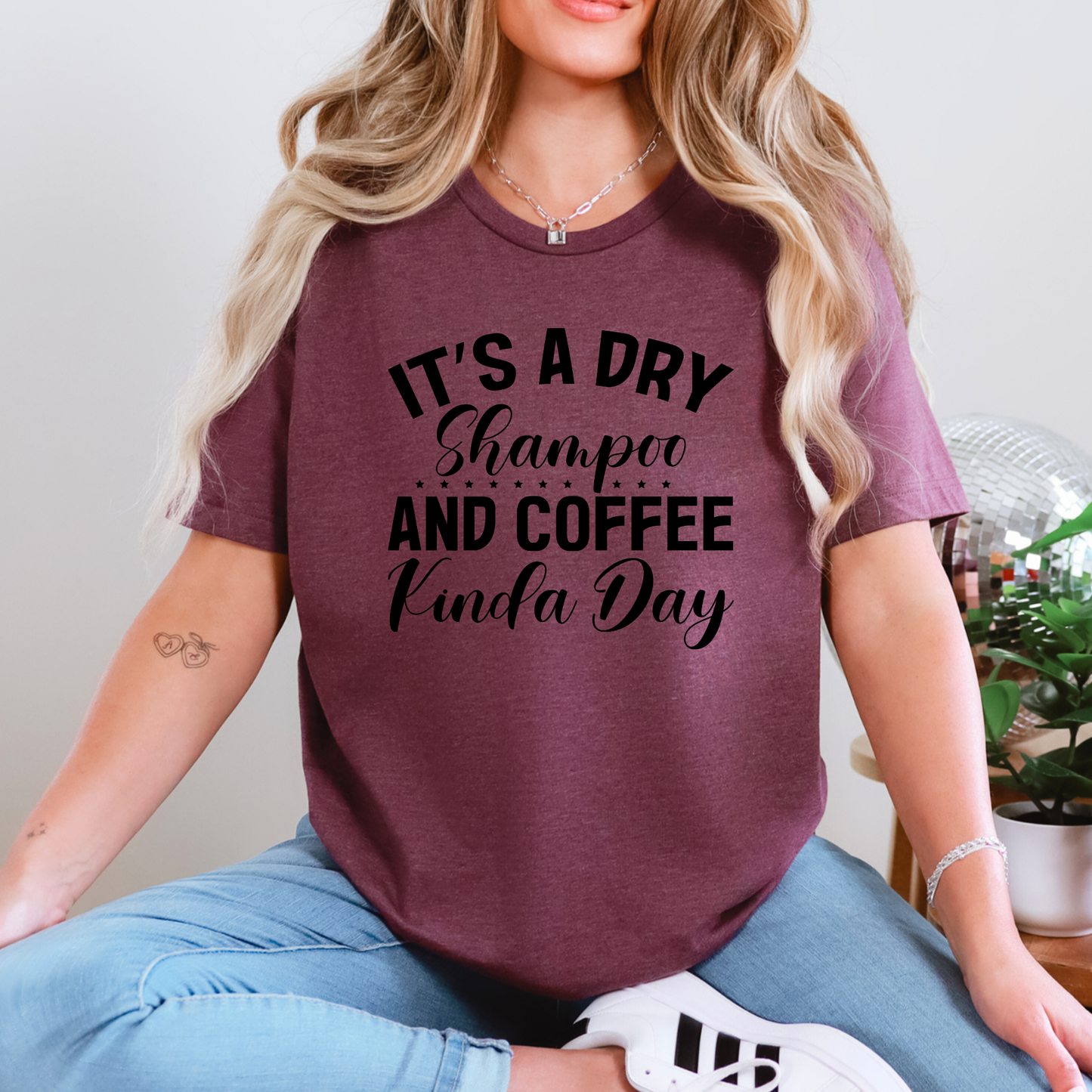 Wholesale Dry Shampoo & Coffee Graphic Tee - Heather Maroon Tee
