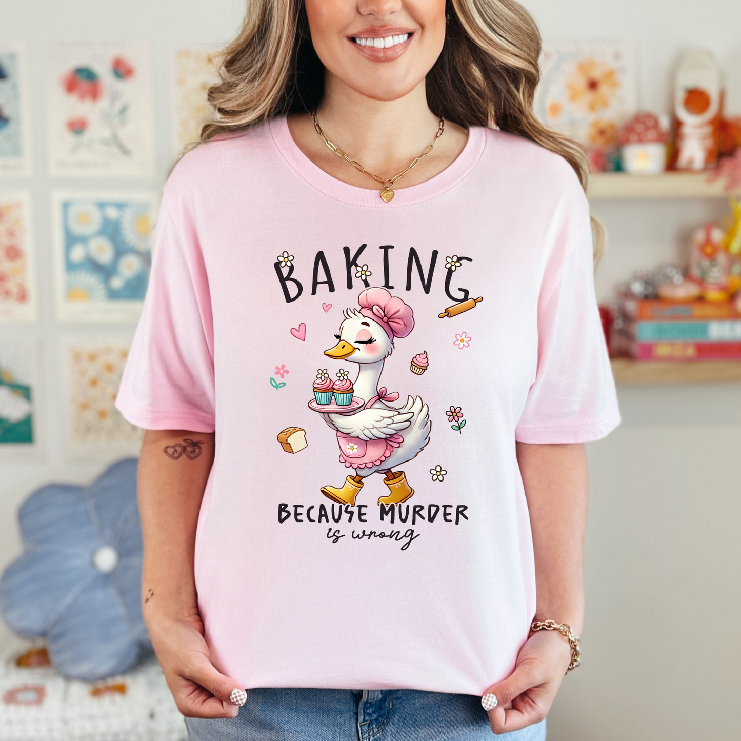 Wholesale Baking Because Murder Is Wrong Graphic Tee - Pink Tee