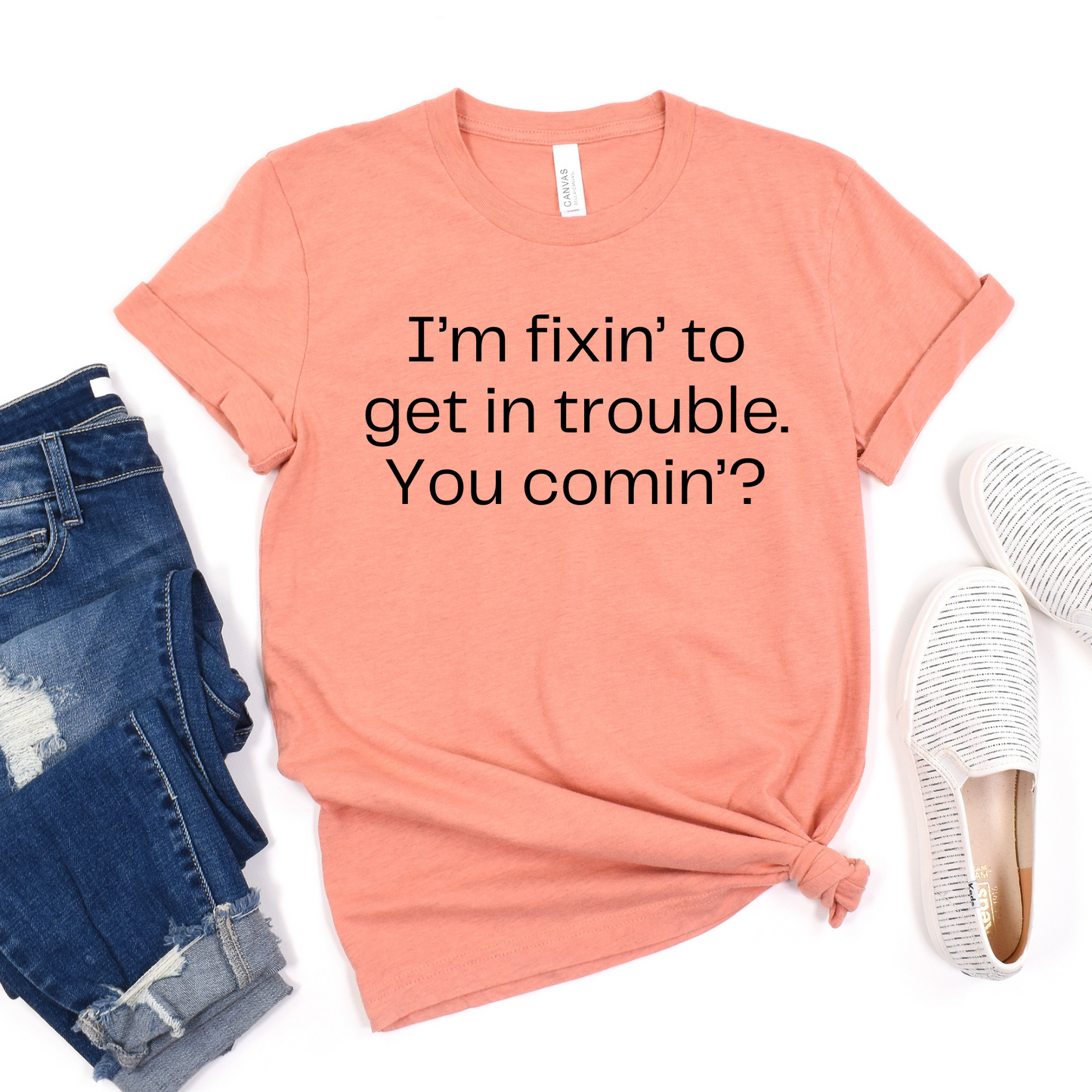 Wholesale Fixin' to get in trouble Graphic Tee - Heather Sunset Tee