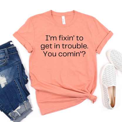 Wholesale Fixin' to get in trouble Graphic Tee - Heather Sunset Tee