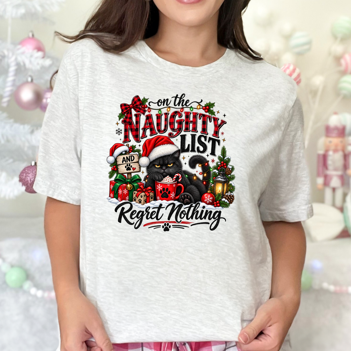 Wholesale On The Naughty List Cat Graphic Tee - Ash
