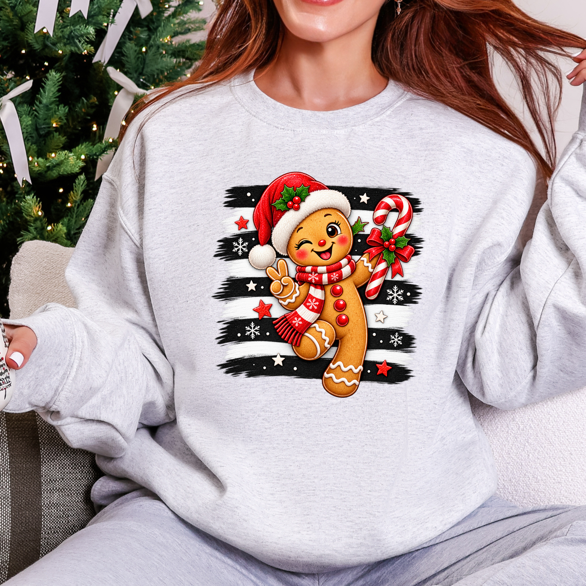 Wholesale Cute Christmas Gingerbread Graphic Sweatshirt - Ash