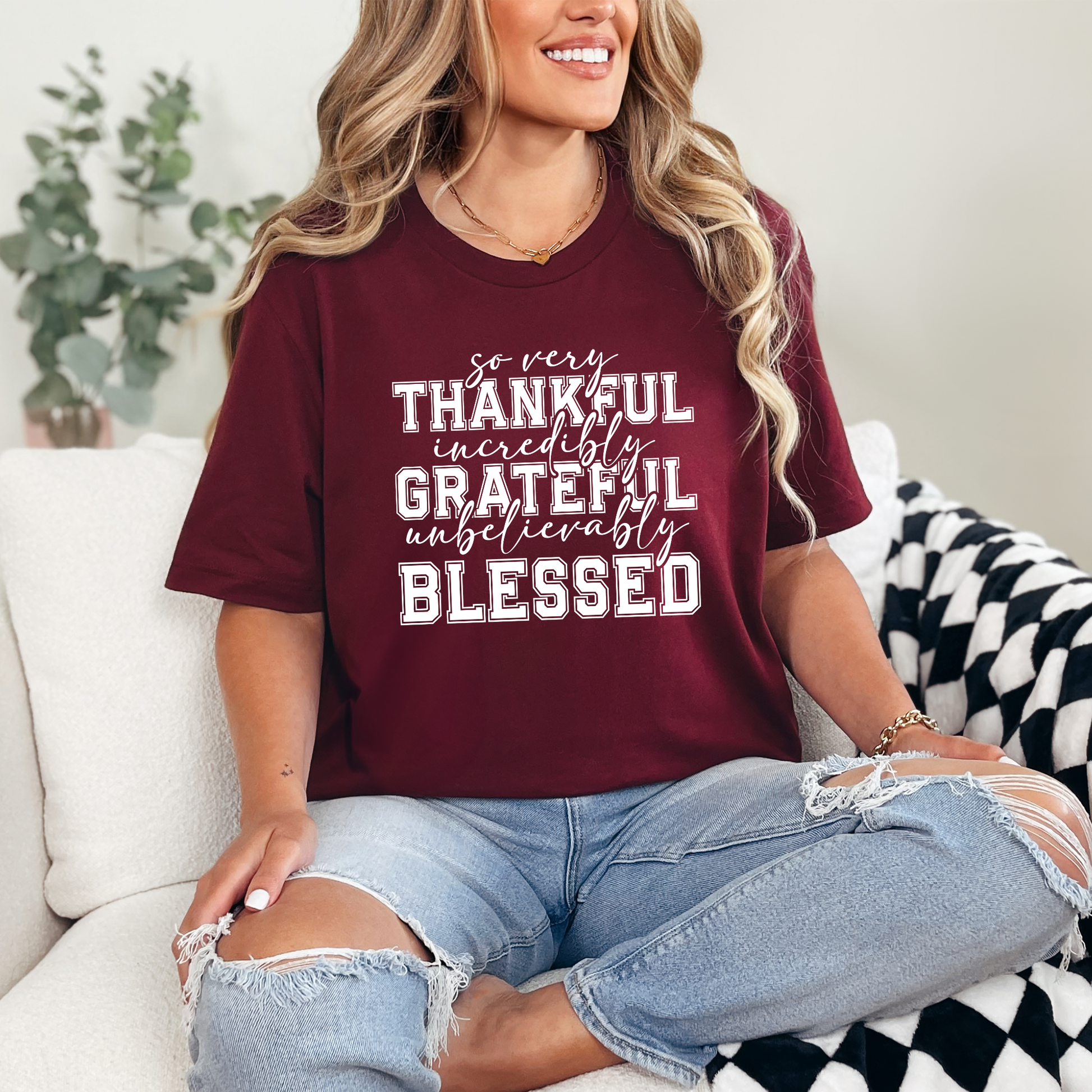 Wholesale Thankful, Grateful, Blessed Graphic Tee - Maroon Tee