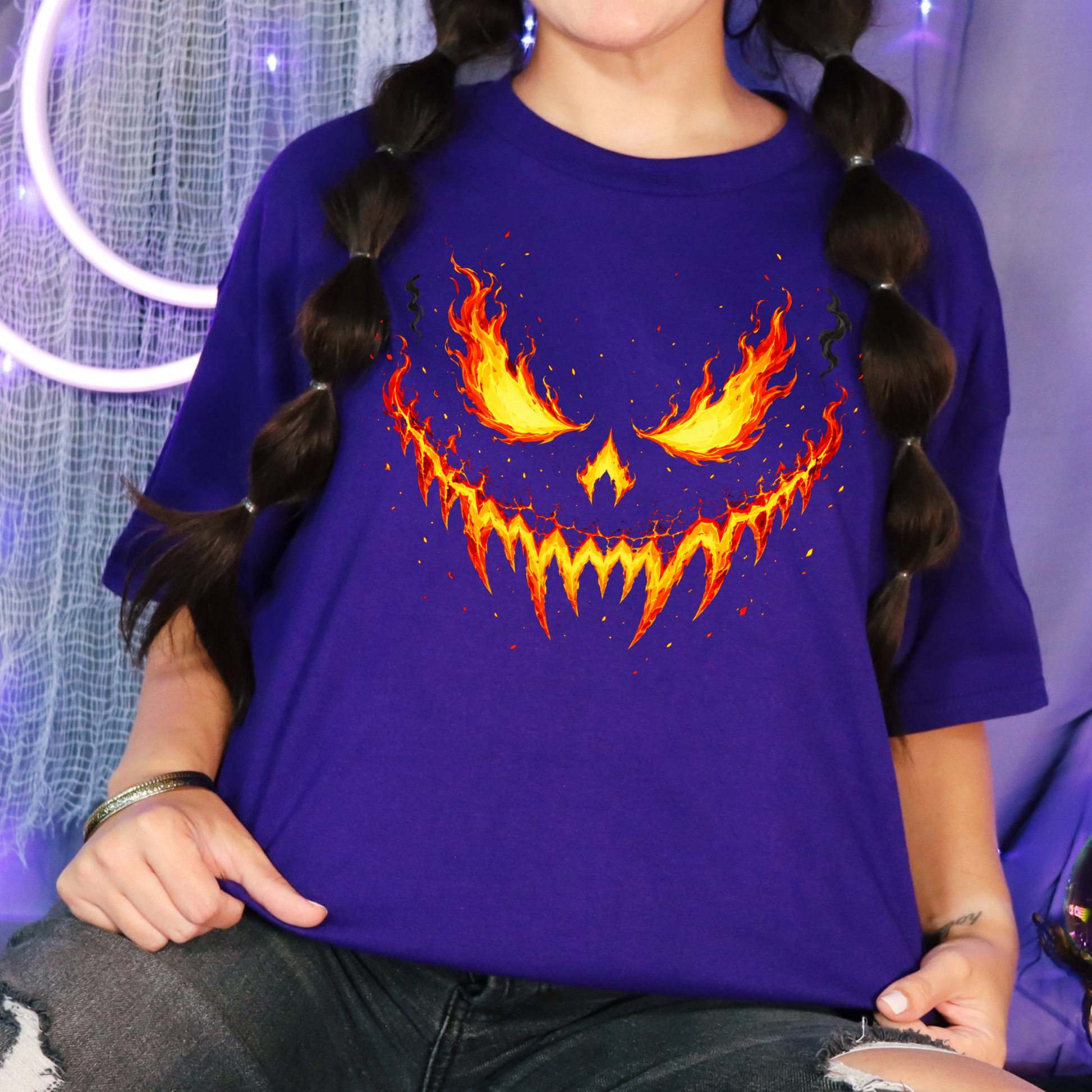 Wholesale Flaming Pumpkin Face Graphic Tee - Team Purple