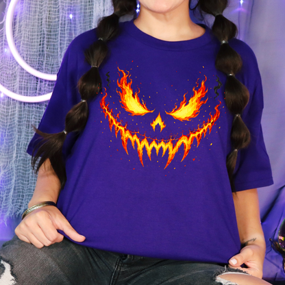 Wholesale Flaming Pumpkin Face Graphic Tee - Team Purple