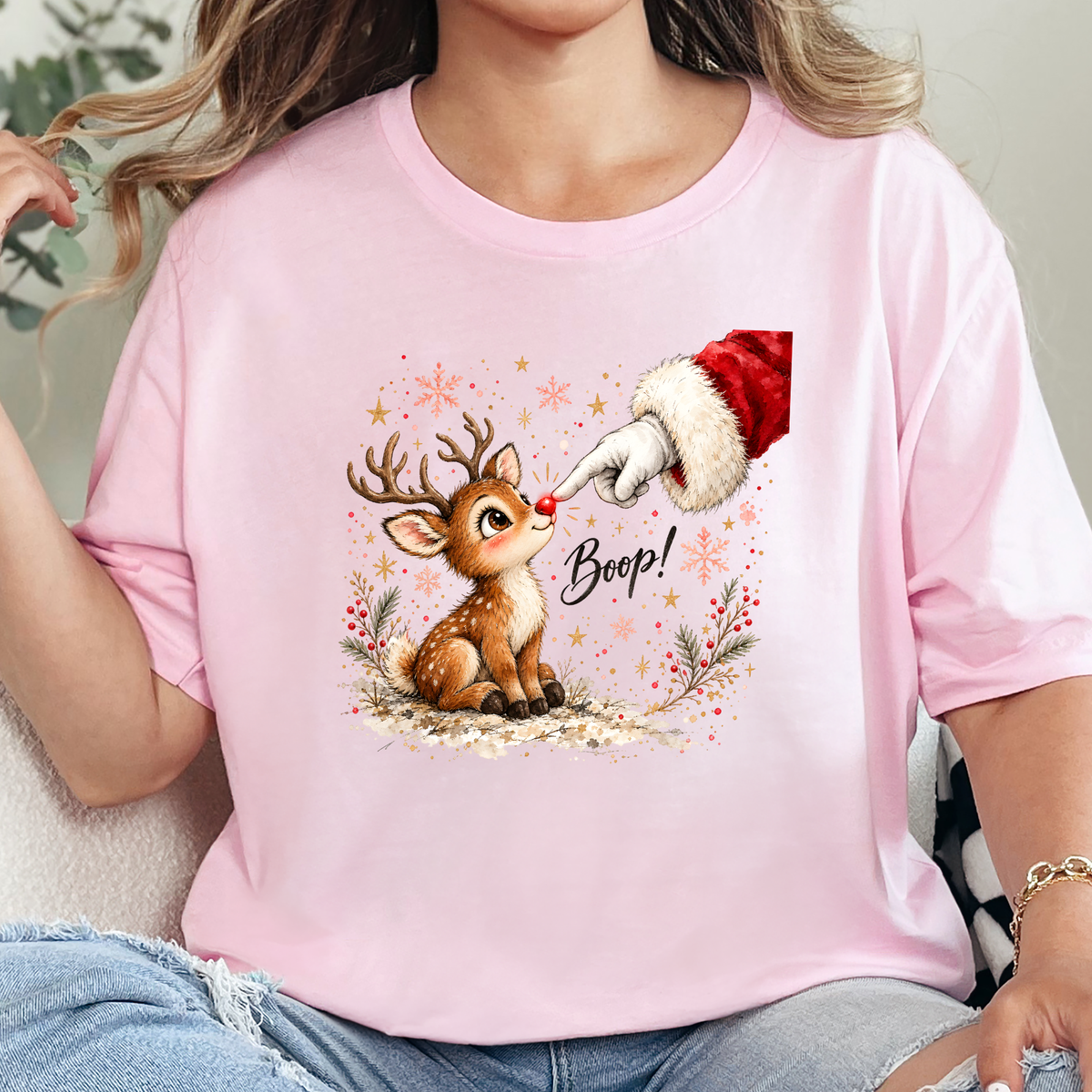 Wholesale Boop Reindeer Graphic Tee - Soft Pink