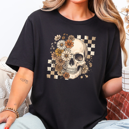 Wholesale Retro Floral Skull Graphic Tee - Black