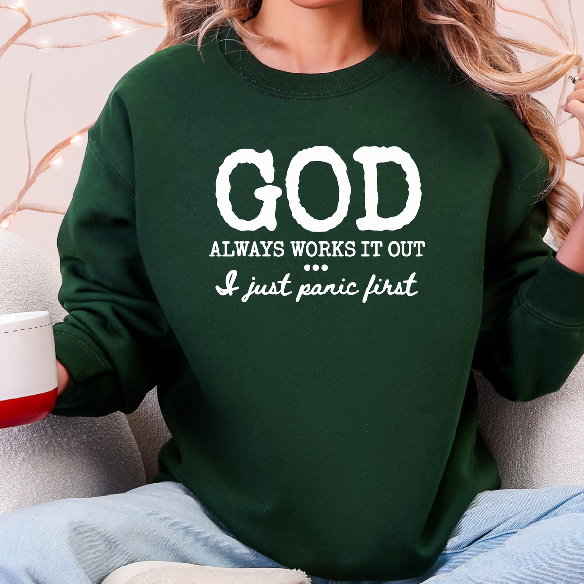 Wholesale God Always Works It Out Graphic Sweatshirt - Forest