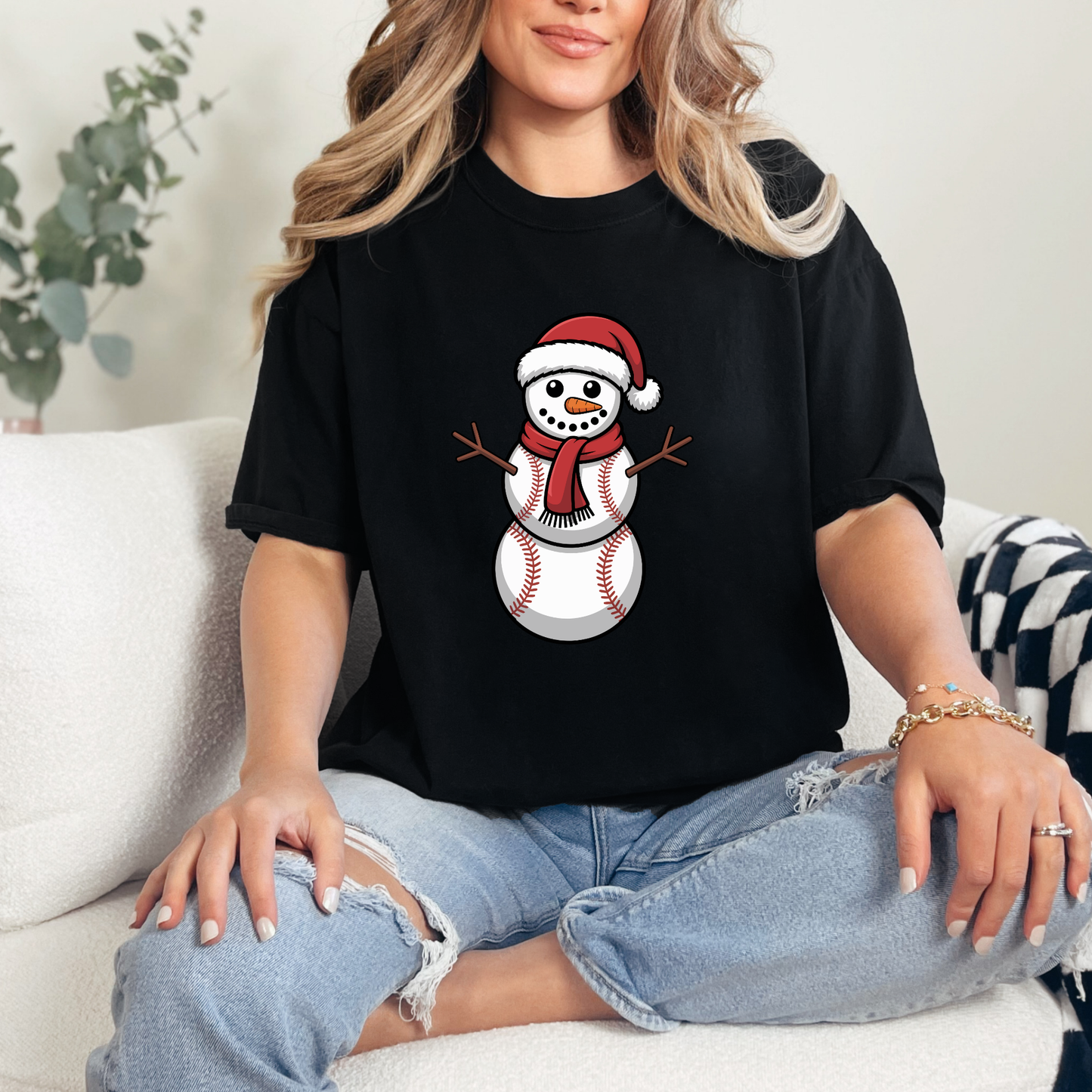 Wholesale Baseball Snowman Graphic Tee - Black Tee