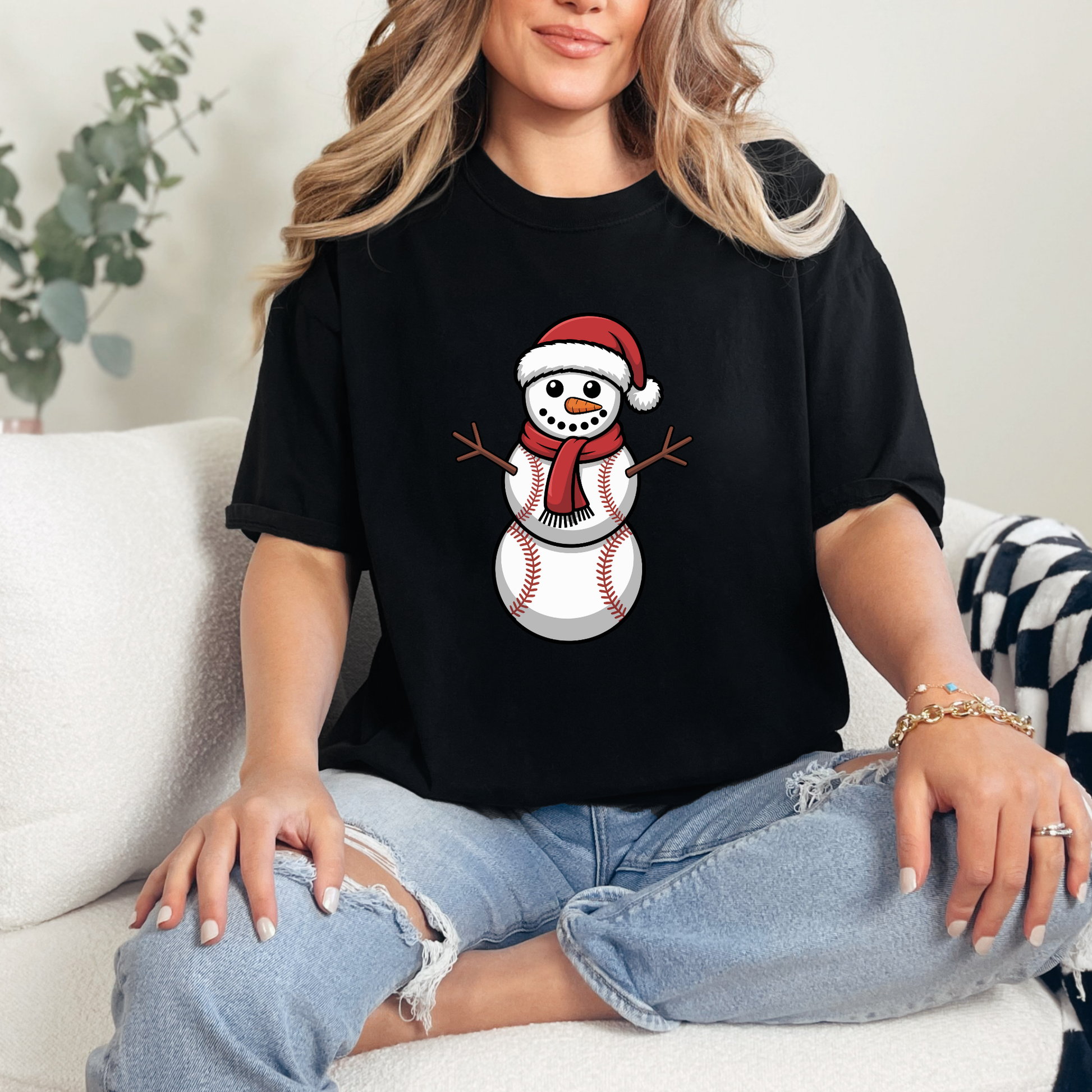 Wholesale Baseball Snowman Graphic Tee - Black Tee