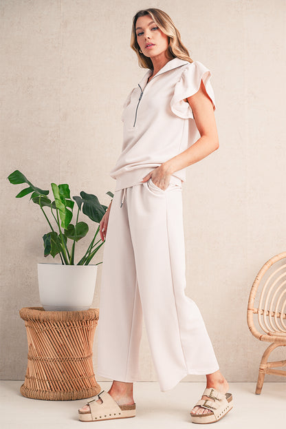 Black Textured Ruffle Sleeve Zipped Top and Wide Leg Pants Set