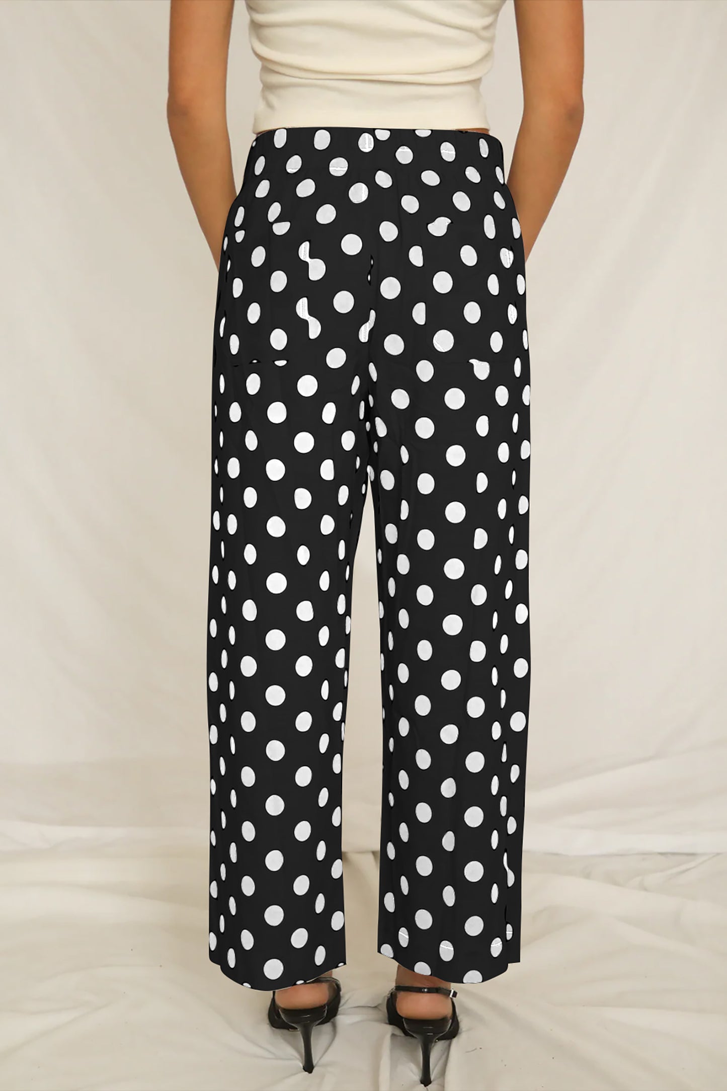 White Polka Dot Print Patched Pocket Mid-rise Straight Leg Pants
