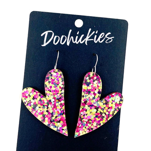 2.25" Pink & Gold Confetti Leaning Hearts - Valentines Acrylic Earrings