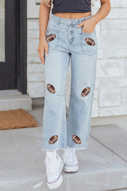 Beau Blue Sequin Detail Patched Rugby Pattern Raw Hem Shift Jeans