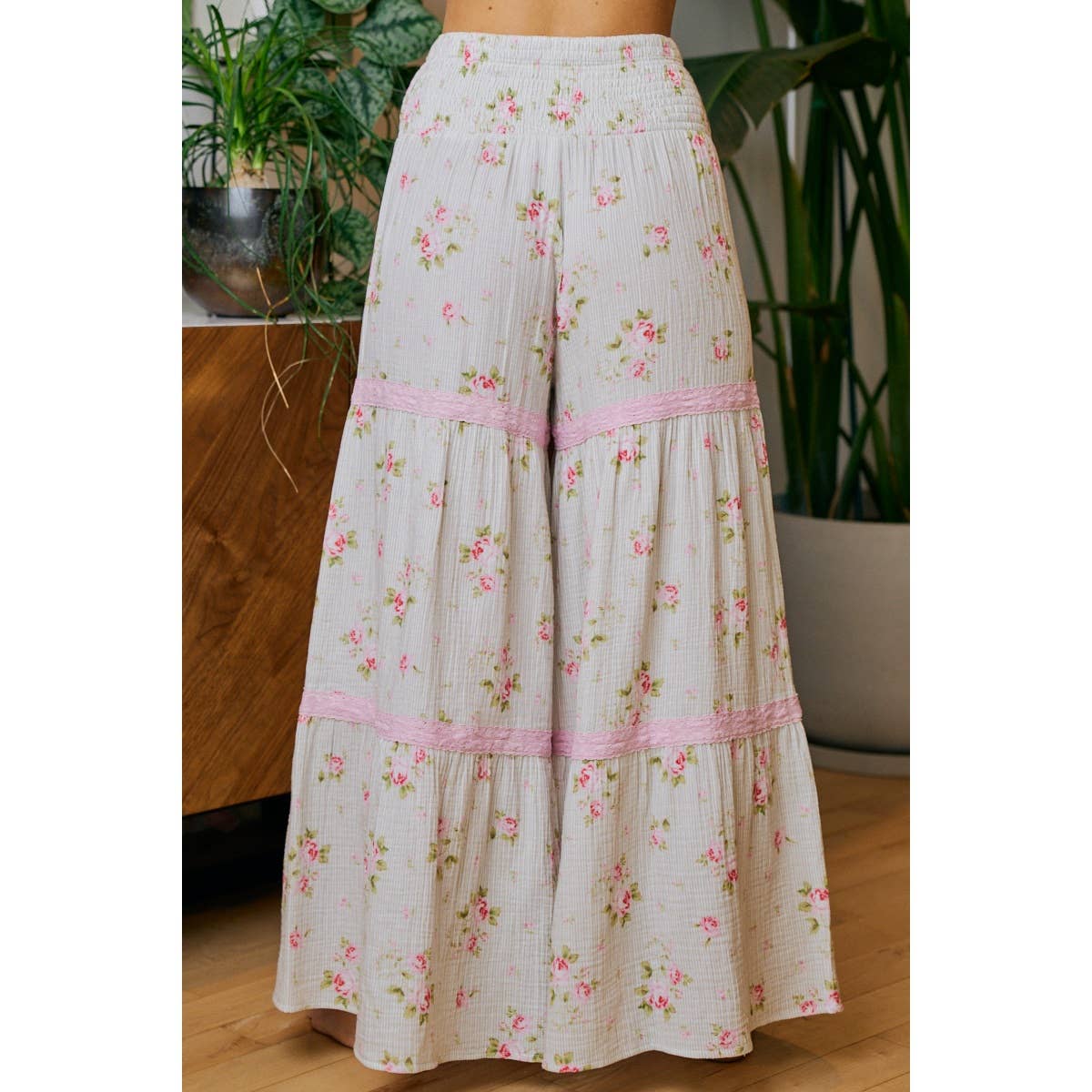 BIBI ROSE PRINTED GAUZE TRIM DETAIL SMOCKED MAXI PANTS