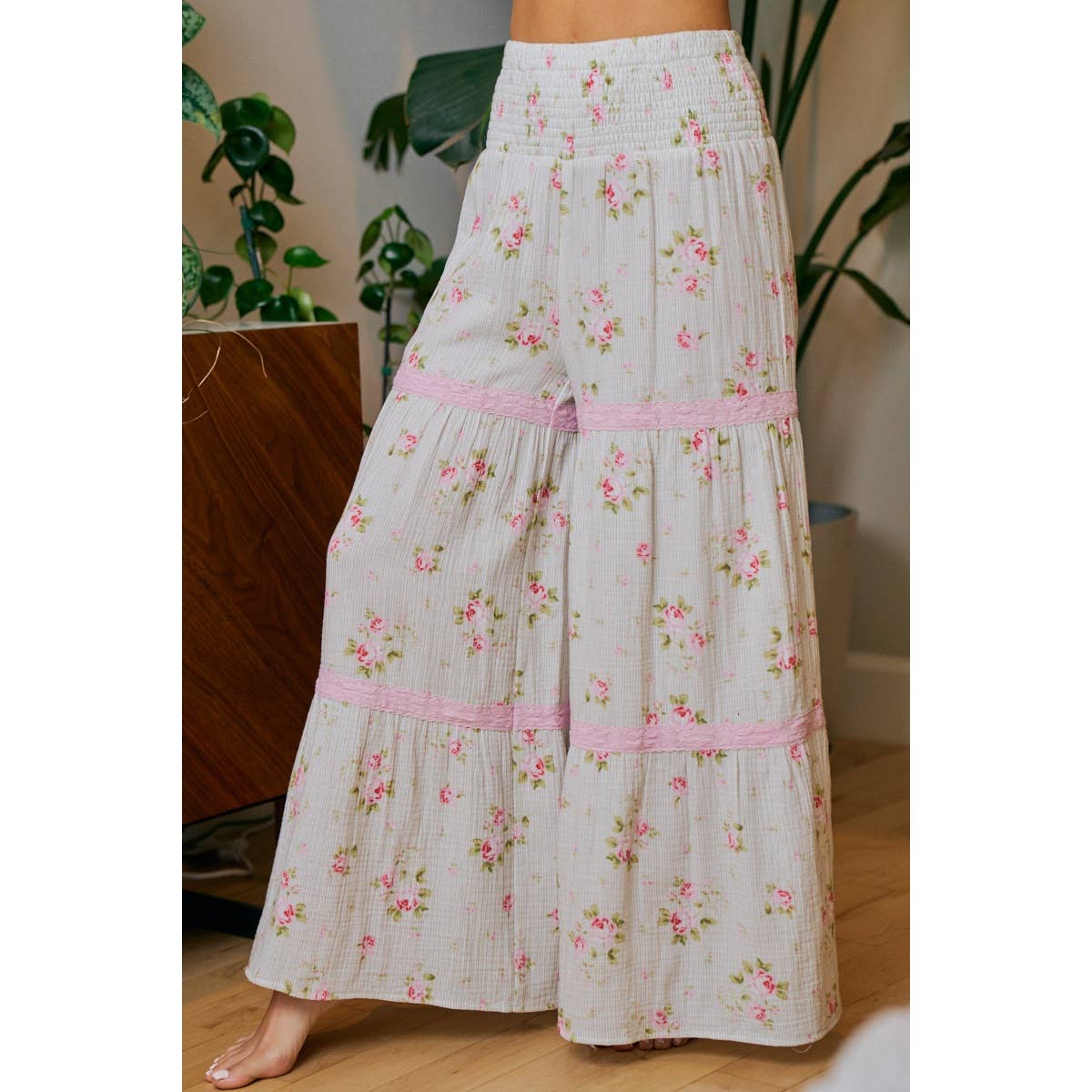 BIBI ROSE PRINTED GAUZE TRIM DETAIL SMOCKED MAXI PANTS