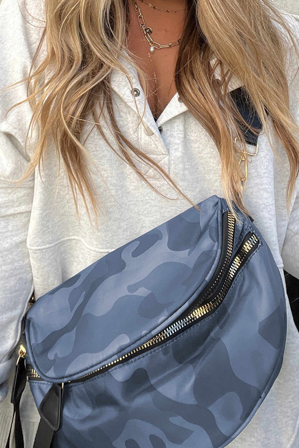 Medium Grey Abstract/ Camouflage/ Polka Dot/ Leopard Print Double Zip Fashion Crossbody Bag