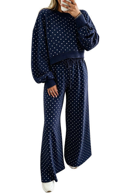 Brown Polka Dot Drawstring Wide Leg Long Sleeve Top Pant Set