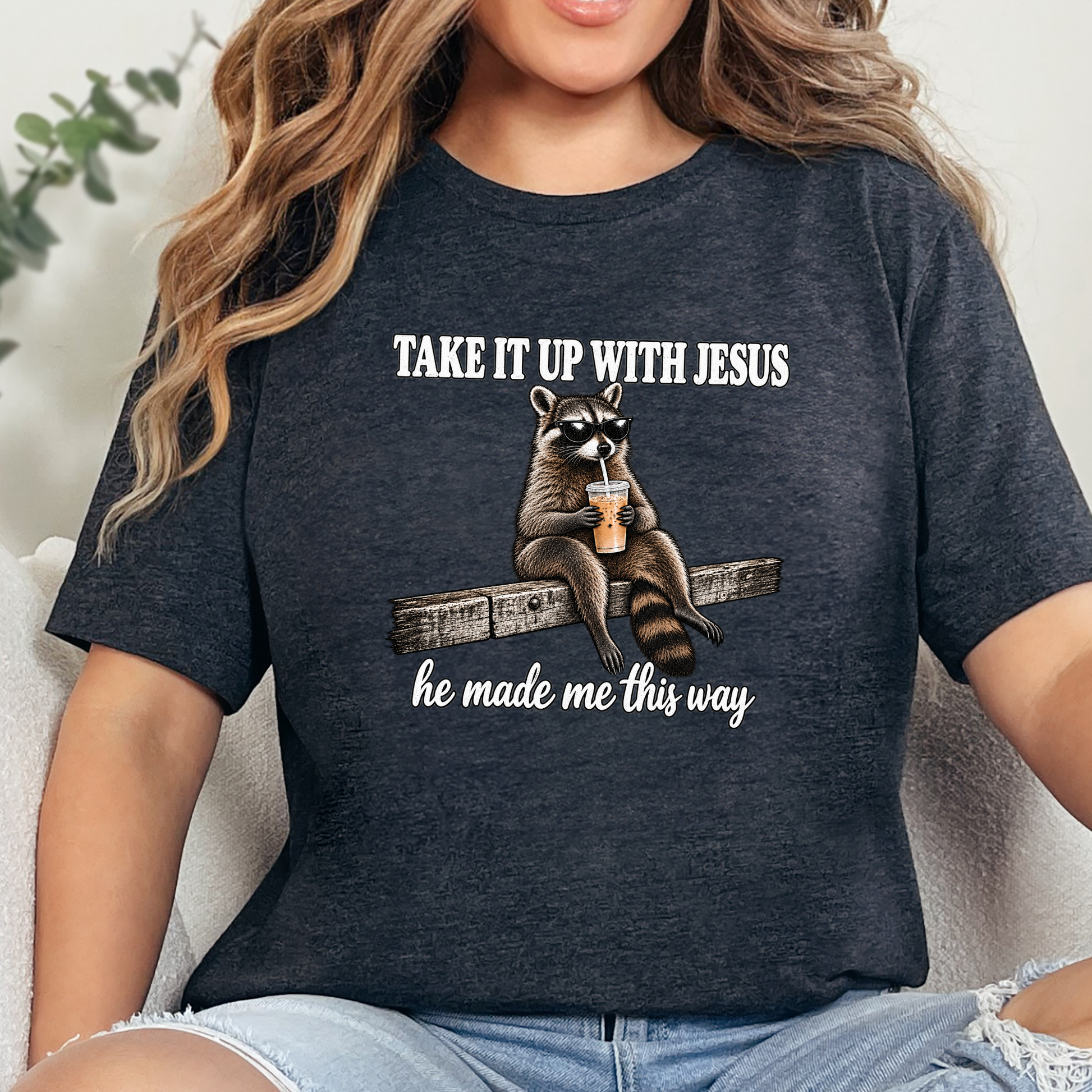 Wholesale Take It up With Jesus Raccoon Graphic Tee - Dark Grey Heather
