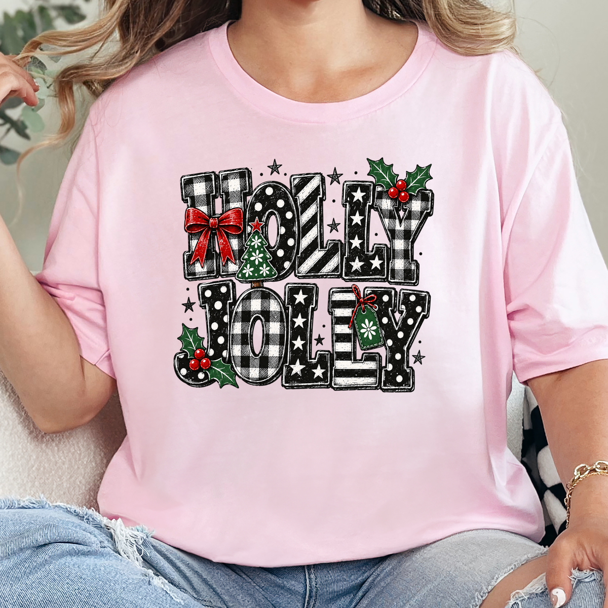 Wholesale Holly Jolly Plaid Christmas Graphic Tee - Soft Pink