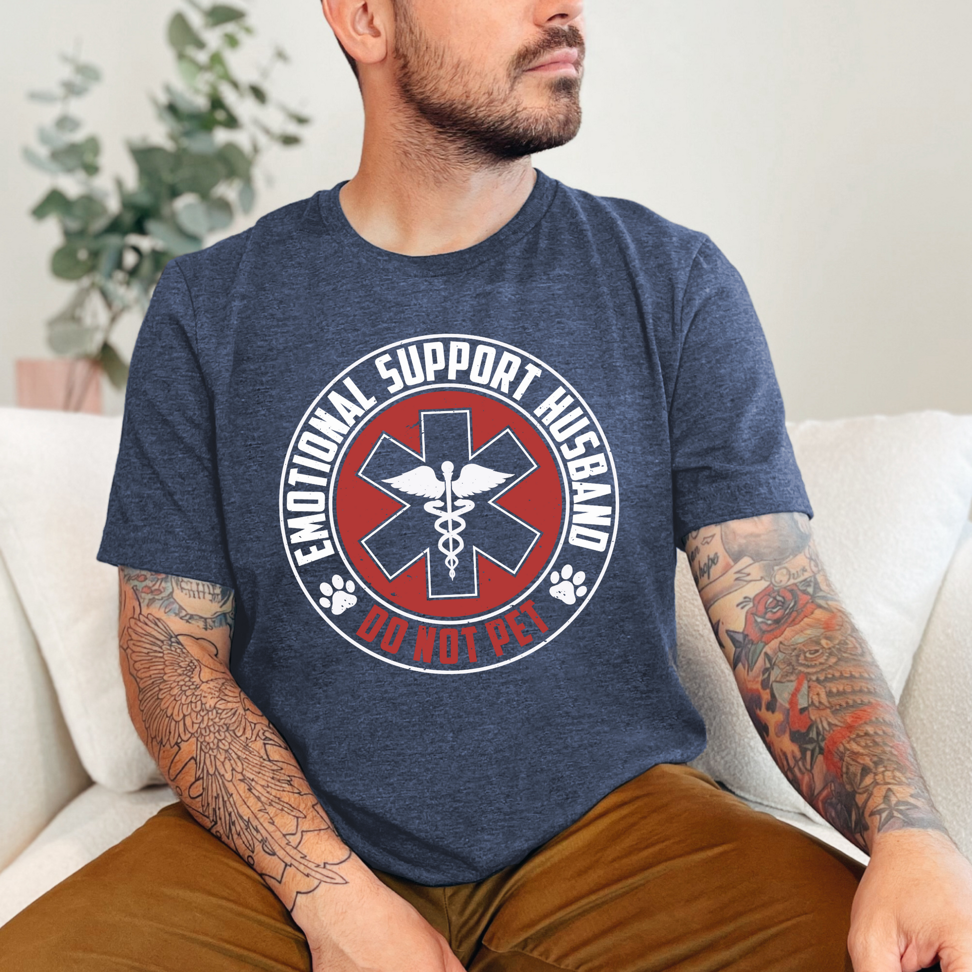 Wholesale Emotional Support Husband Graphic Tee - Heather Navy Tee