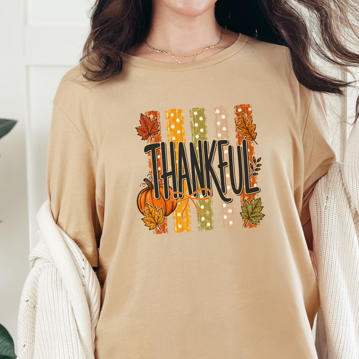 Wholesale Thankful Striped Graphic Tee - Sand Dune