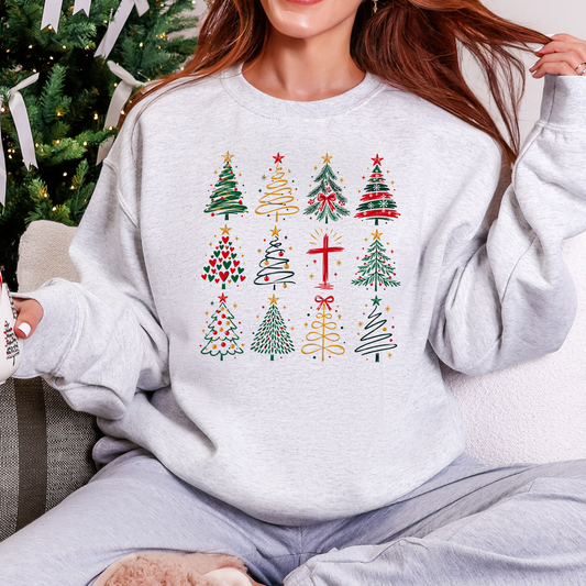 Wholesale Christmas Tree Grid Graphic Sweatshirt - Ash