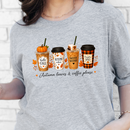 Wholesale Autumn Leaves & Coffee Please Graphic Tee - Grey