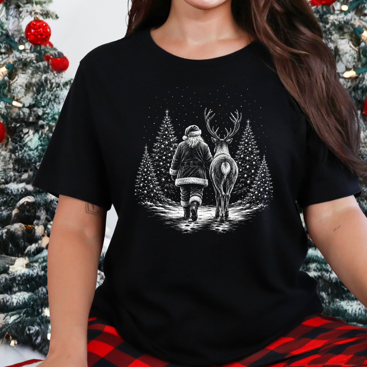 Wholesale Retro Christmas Santa Reindeer Graphic Tee - Black