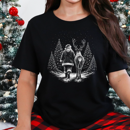 Wholesale Retro Christmas Santa Reindeer Graphic Tee - Black