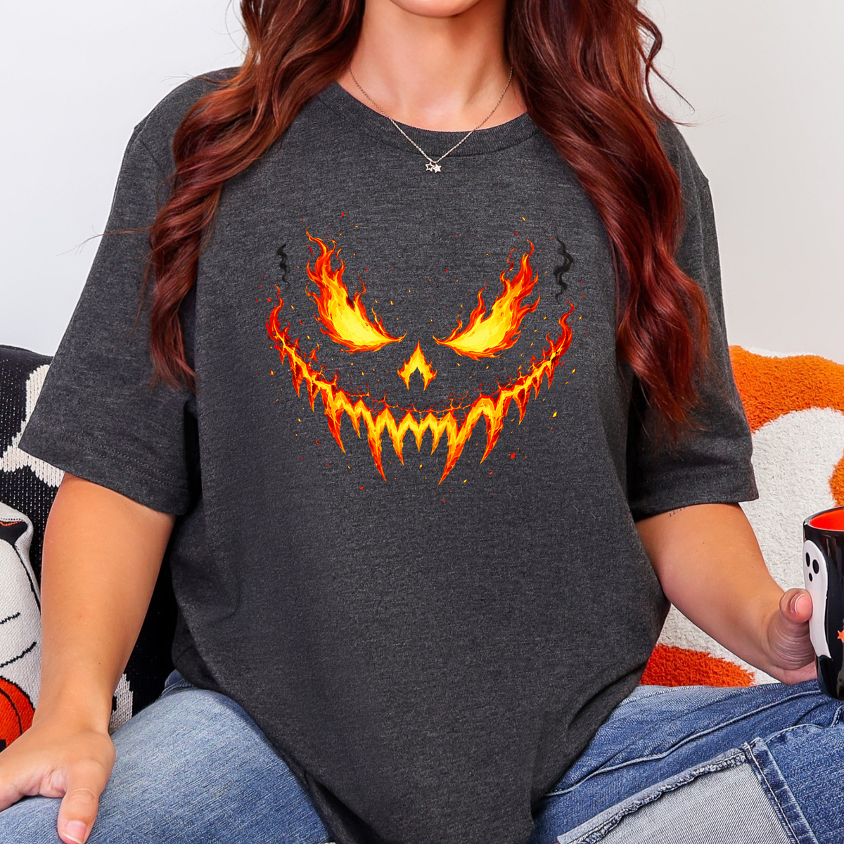 Wholesale Flaming Pumpkin Face Graphic Tee - Dark Grey Heather