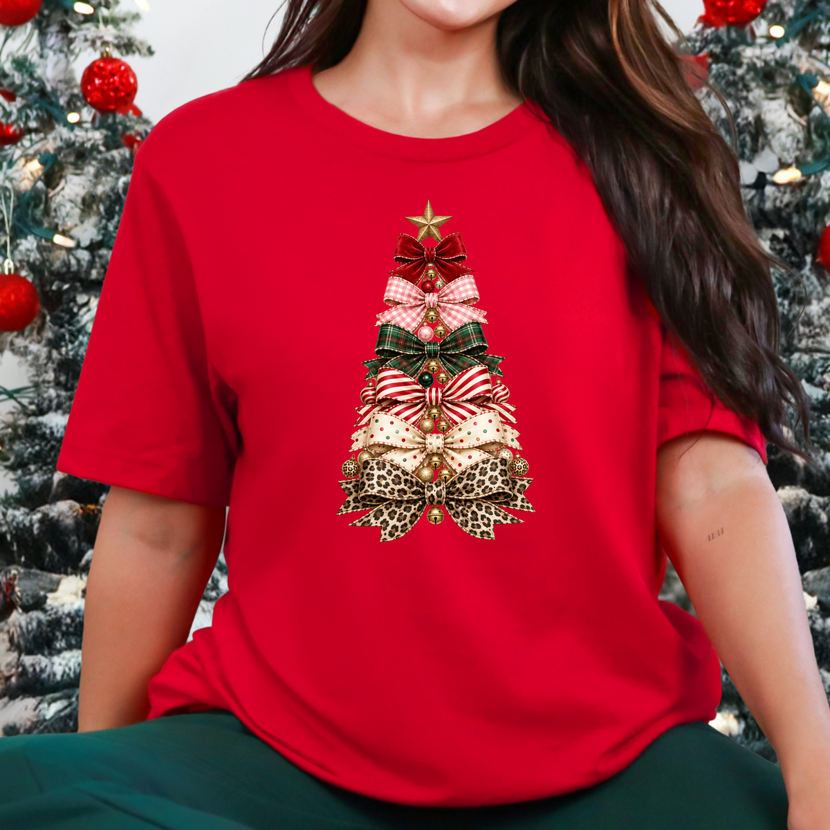 Wholesale Christmas Bow Tree Graphic Tee - Red