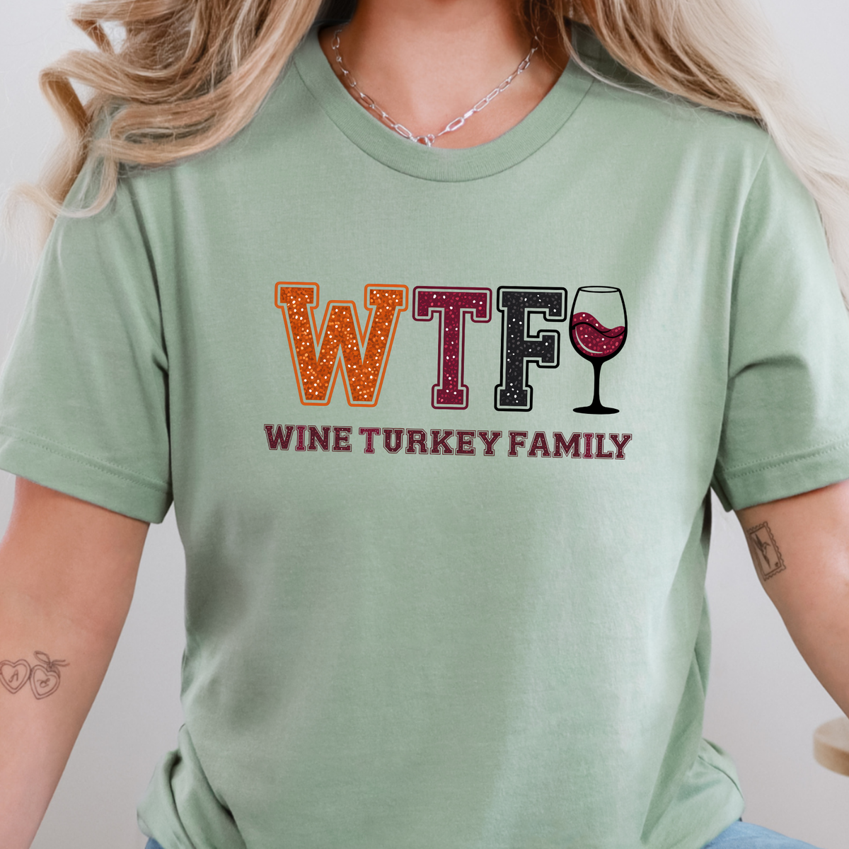 Wholesale Wine Turkey Family Graphic Tee - Sage