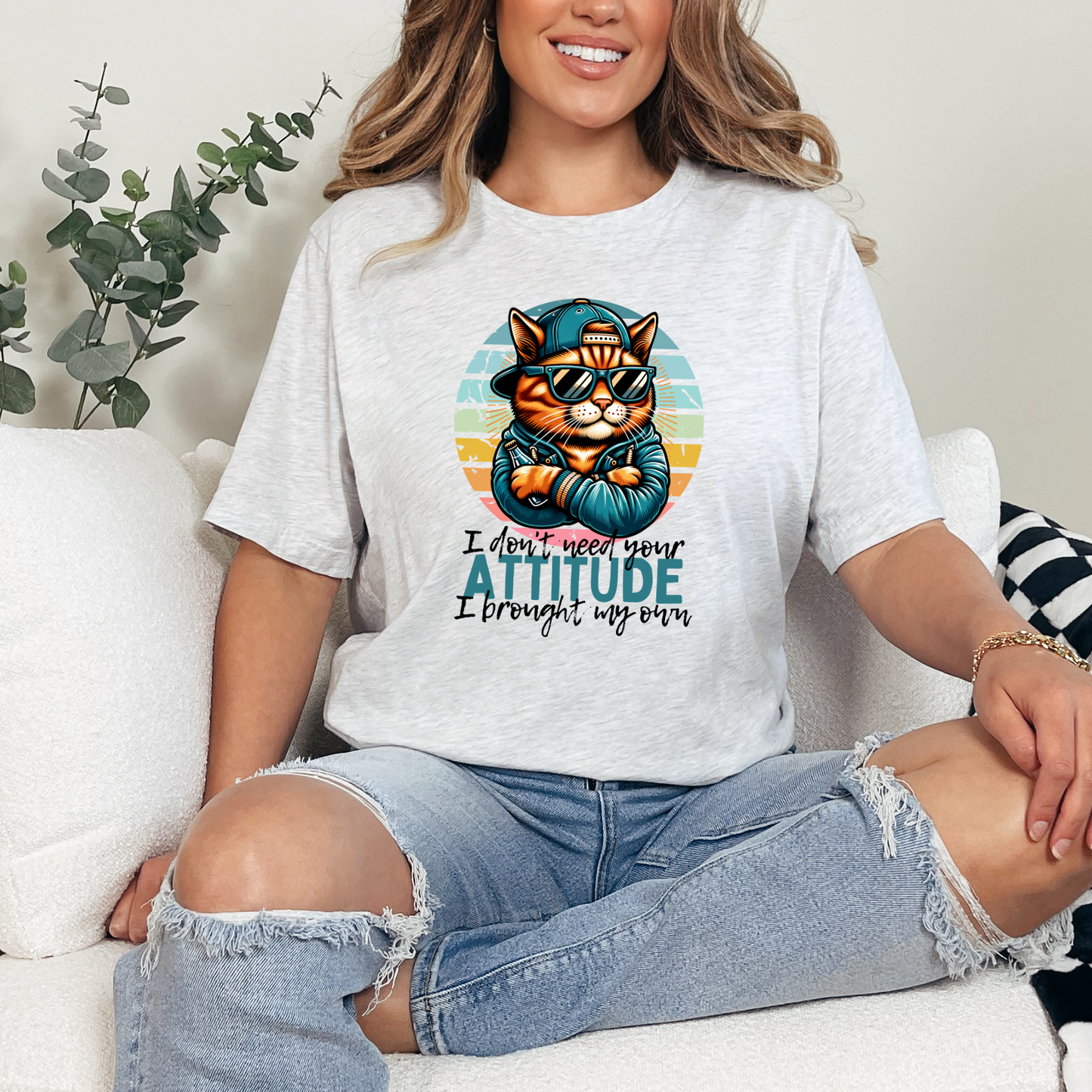 Wholesale Don't Need Your Attitude Cat Graphic Tee - Ash Tee