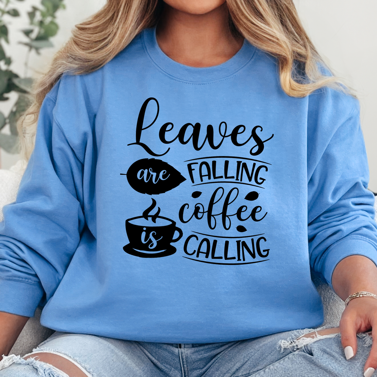 Wholesale Leaves Falling Coffee Calling Graphic Sweatshirt - Carolina Blue