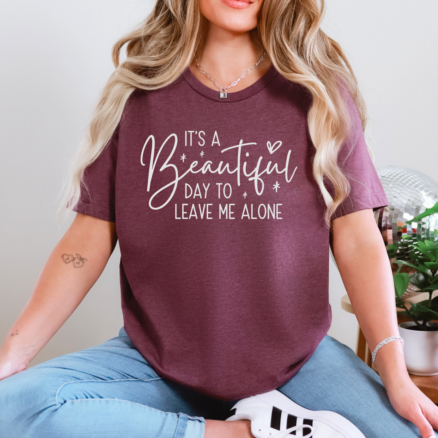 Wholesale Beautiful Day To Leave Me Alone Graphic Tee - Heather Maroon Tee