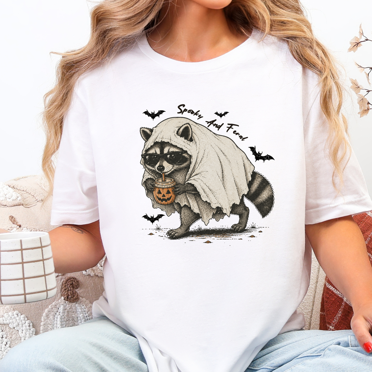 Wholesale Spooky Raccoon Ghost Graphic Tee - White