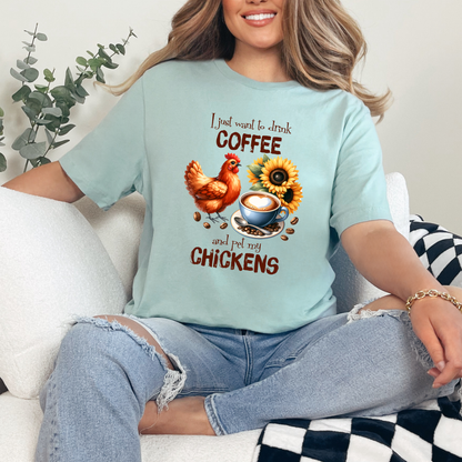 Wholesale Drink Coffee & Pet Chickens Graphic Tee - Dusty Blue Tee