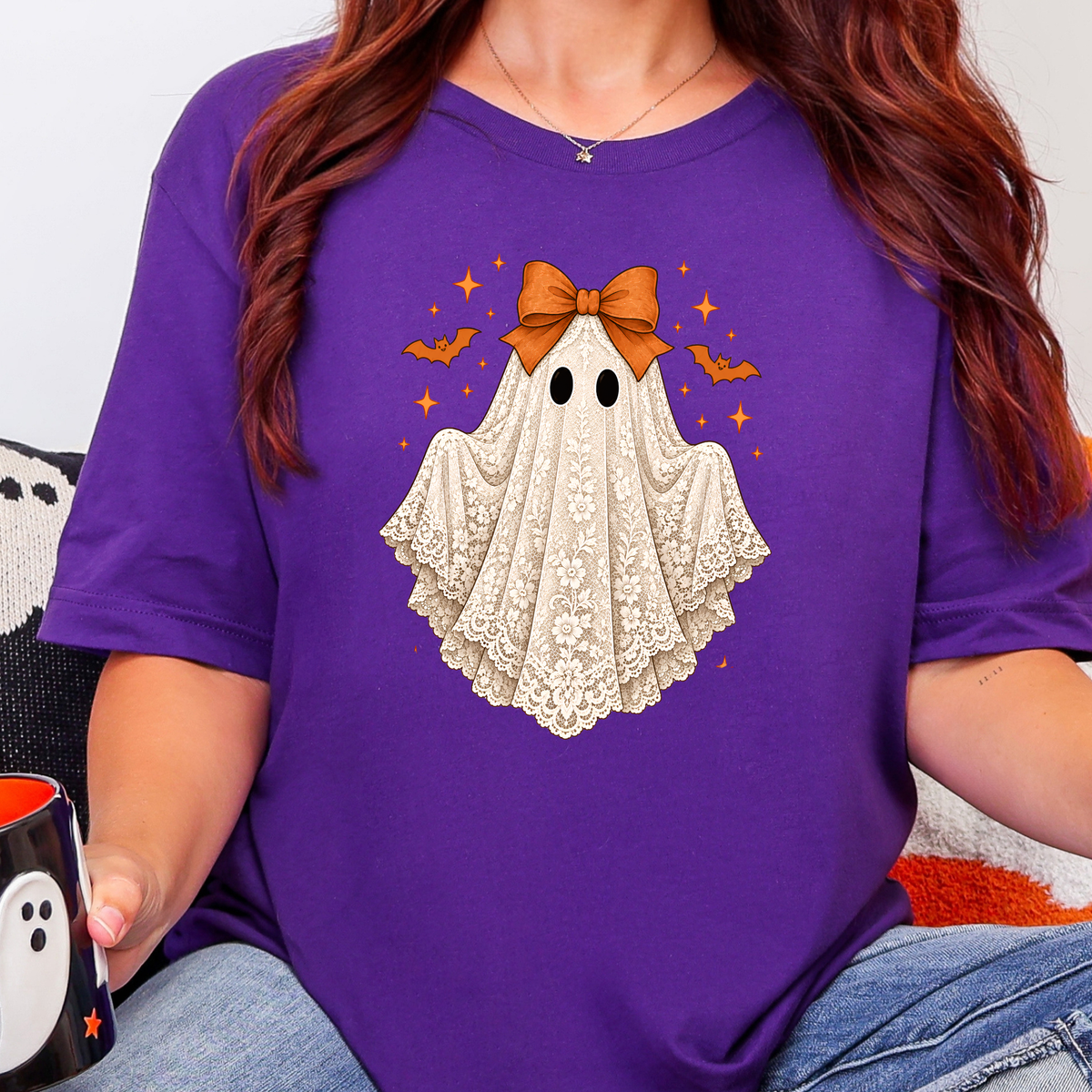 Wholesale Coquette Halloween Lace Ghost Graphic Tee - Team Purple
