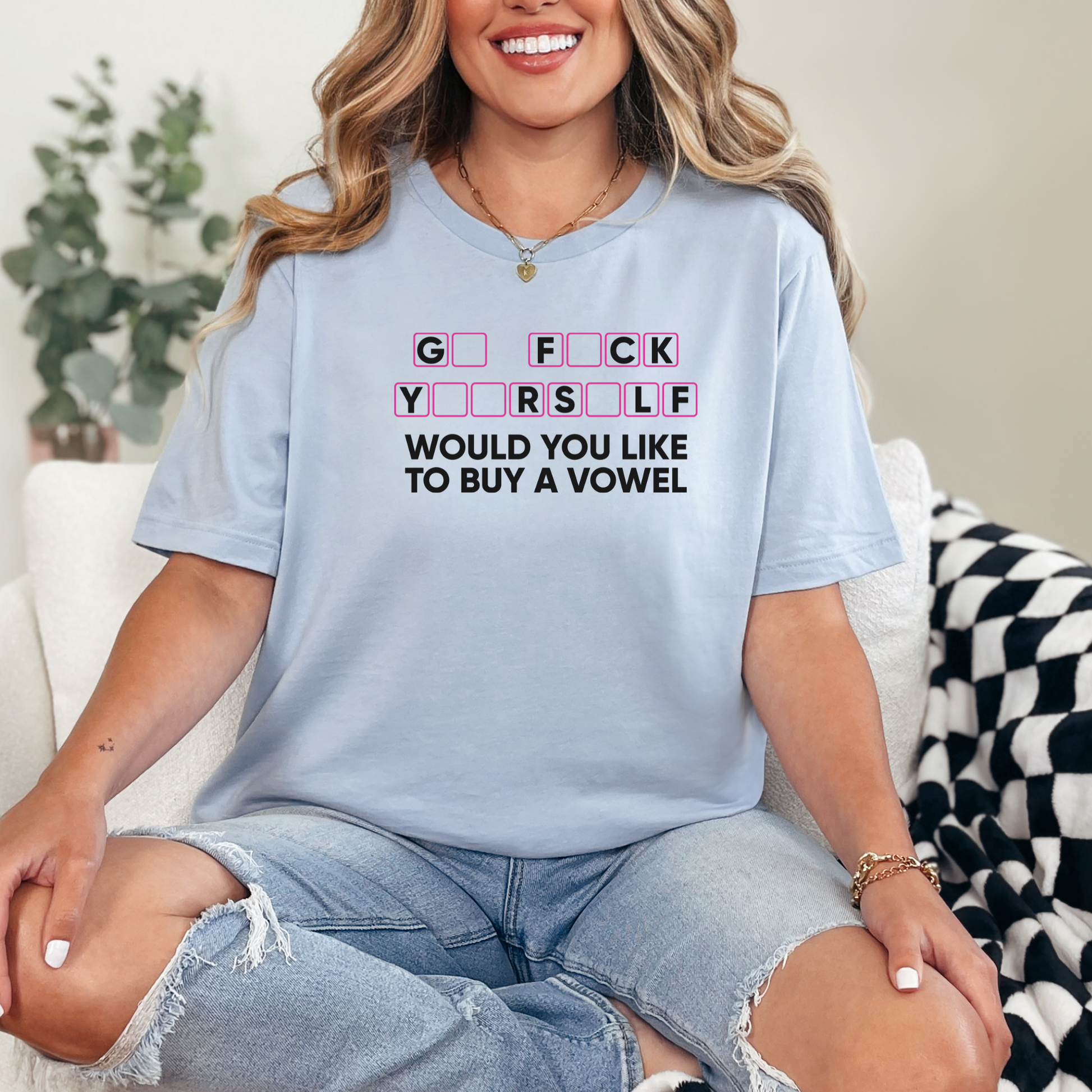 Wholesale Buy a Vowel Graphic Tee - Baby Blue Tee