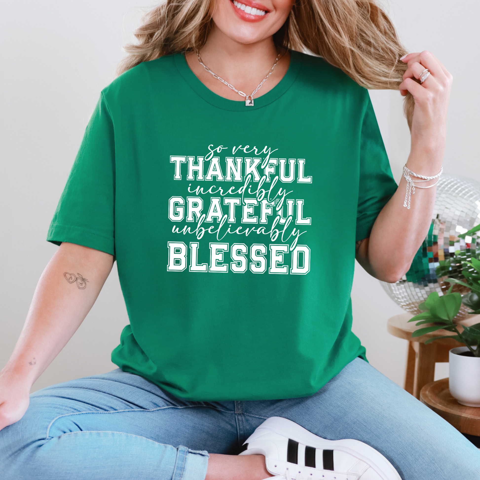 Wholesale Thankful, Grateful, Blessed Graphic Tee - Kelly Tee