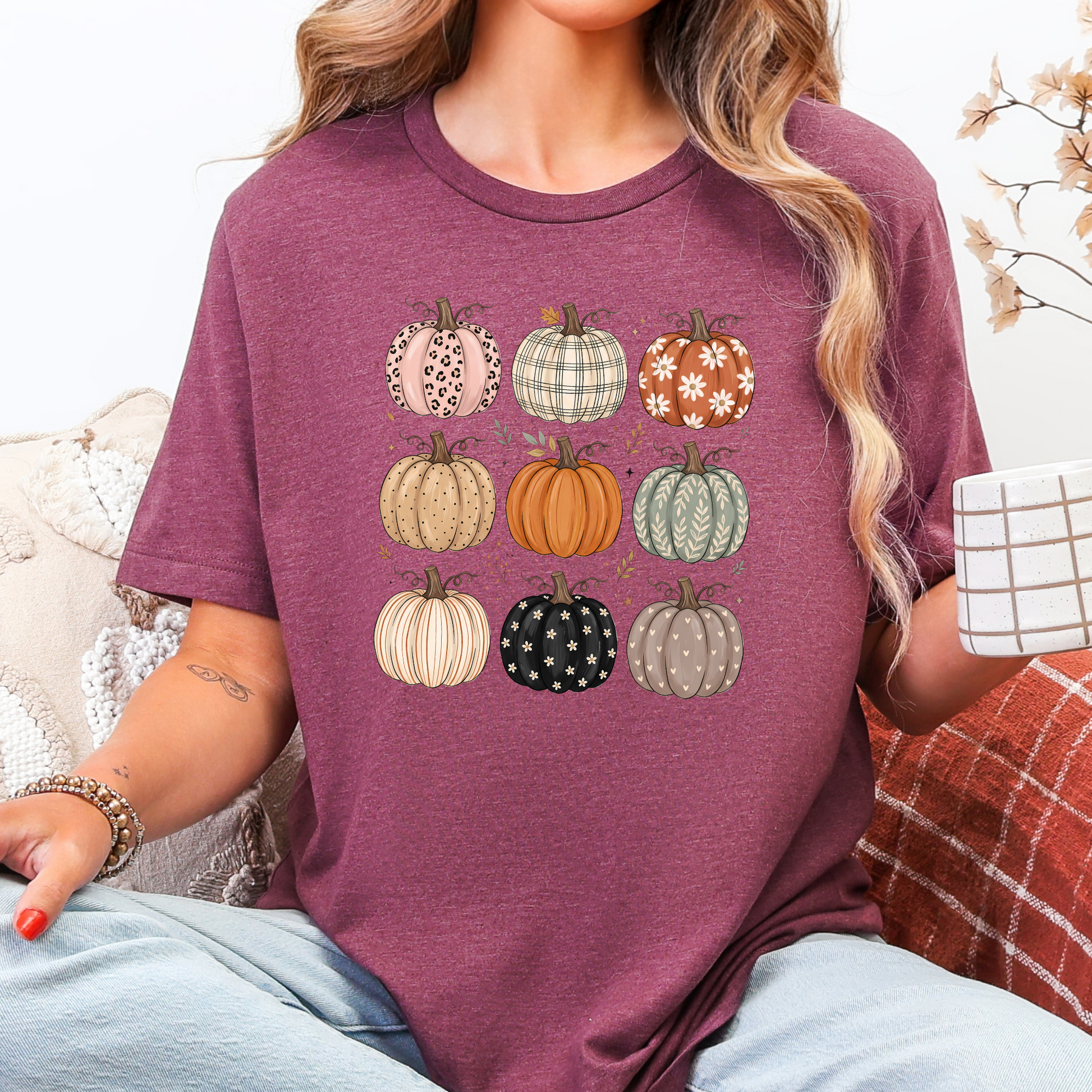 Wholesale Pumpkin Grid Graphic Tee- Heather Maroon