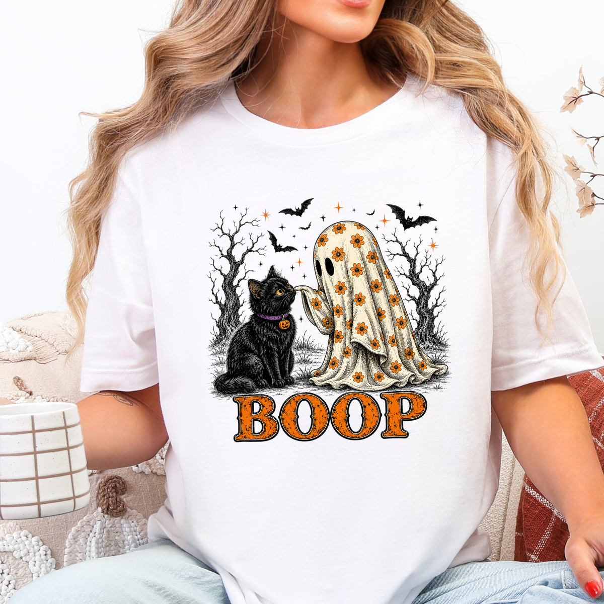 Wholesale Halloween Boop Ghost Cat Graphic Tee - White