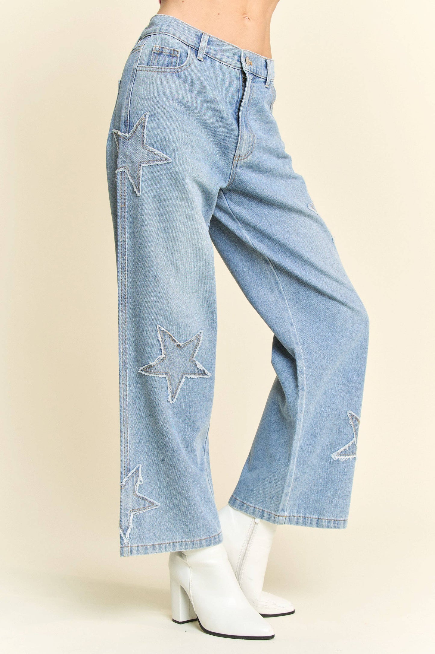 STAR PATCHWORK SIDE POCKET WIDE LEG DENIM PANTS