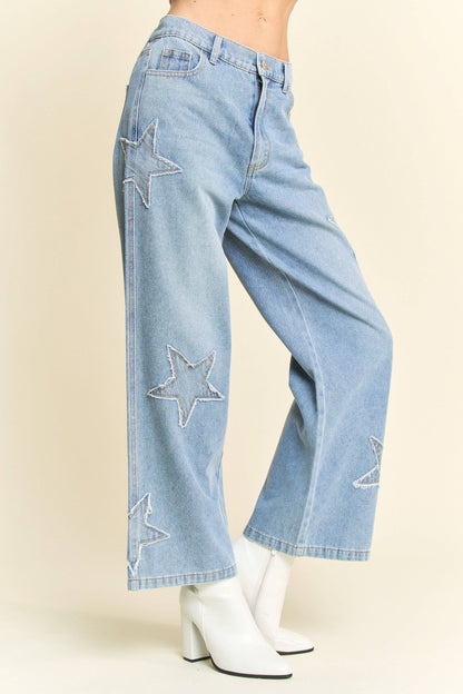 STAR PATCHWORK SIDE POCKET WIDE LEG DENIM PANTS