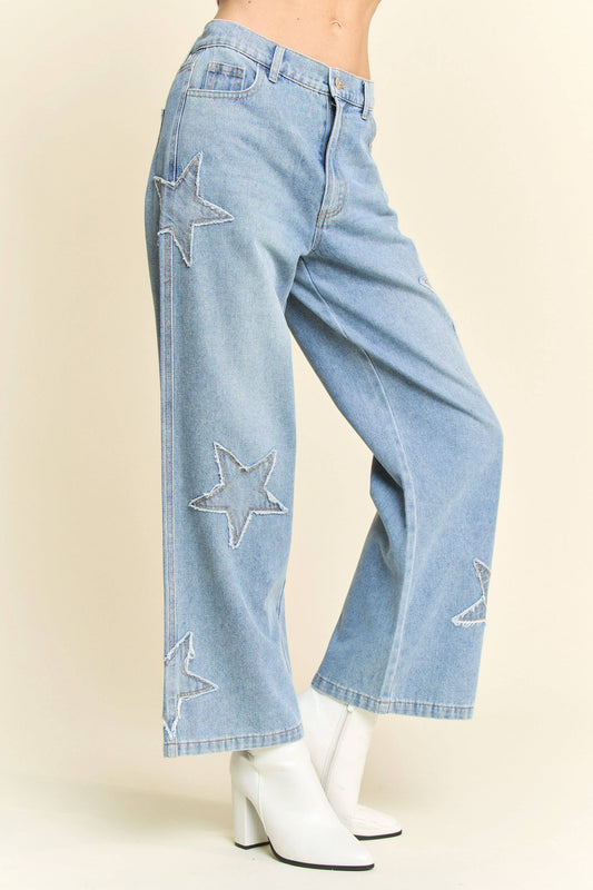 STAR PATCHWORK SIDE POCKET WIDE LEG DENIM PANTS