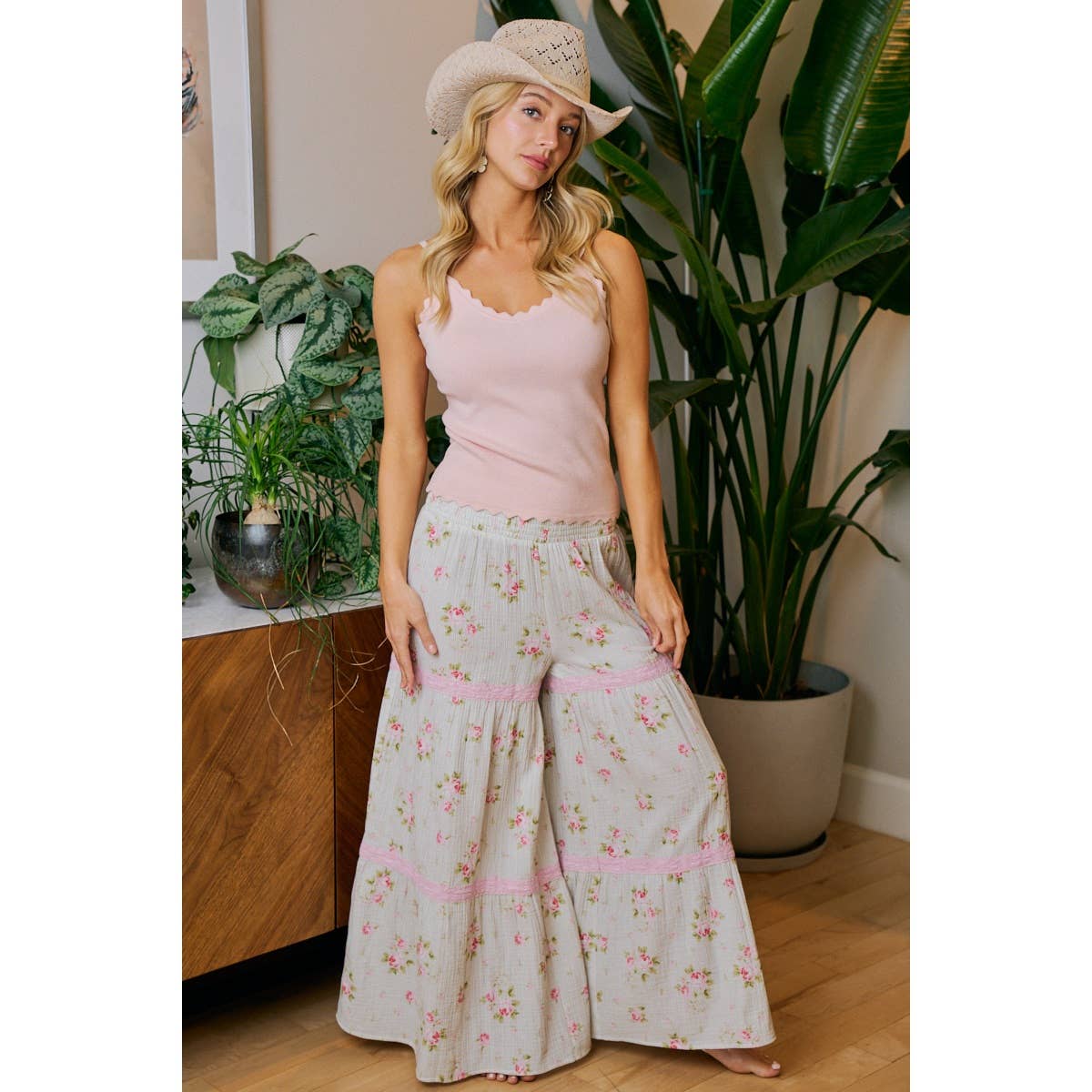 BIBI ROSE PRINTED GAUZE TRIM DETAIL SMOCKED MAXI PANTS