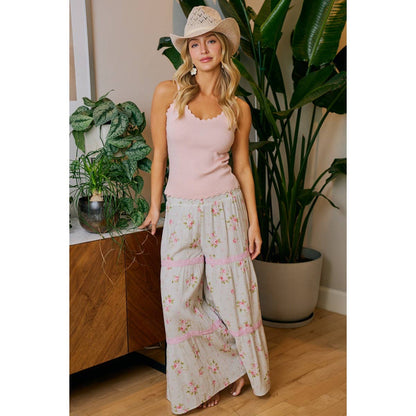 BIBI ROSE PRINTED GAUZE TRIM DETAIL SMOCKED MAXI PANTS