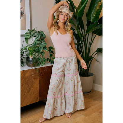 BIBI ROSE PRINTED GAUZE TRIM DETAIL SMOCKED MAXI PANTS