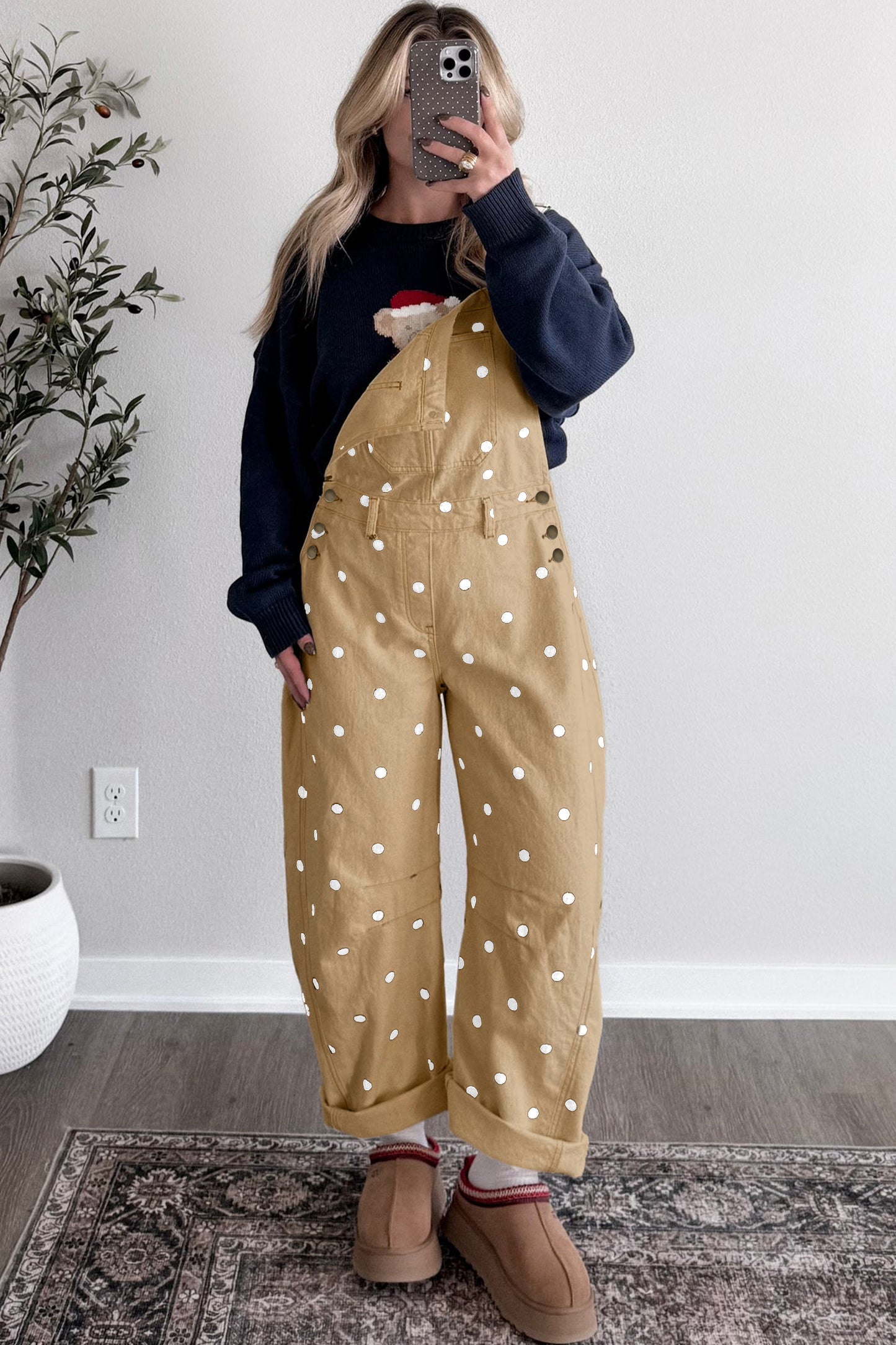 Phalaenopsis Polka Dot Print Bib Pocket Denim Barrel Overalls Jumpsuit